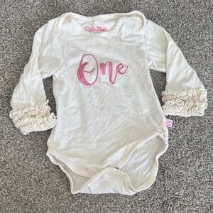 Ruffle Butts White Long-Sleeve 'One' Bodysuit with Pink Lettering